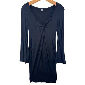 Shein Dress Sz M Black Stretch Knit Bell Slv Mini Witchy Goth Ruched Neck Flirty
